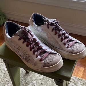 P448 Silver and White Sneakers with Brown Accents